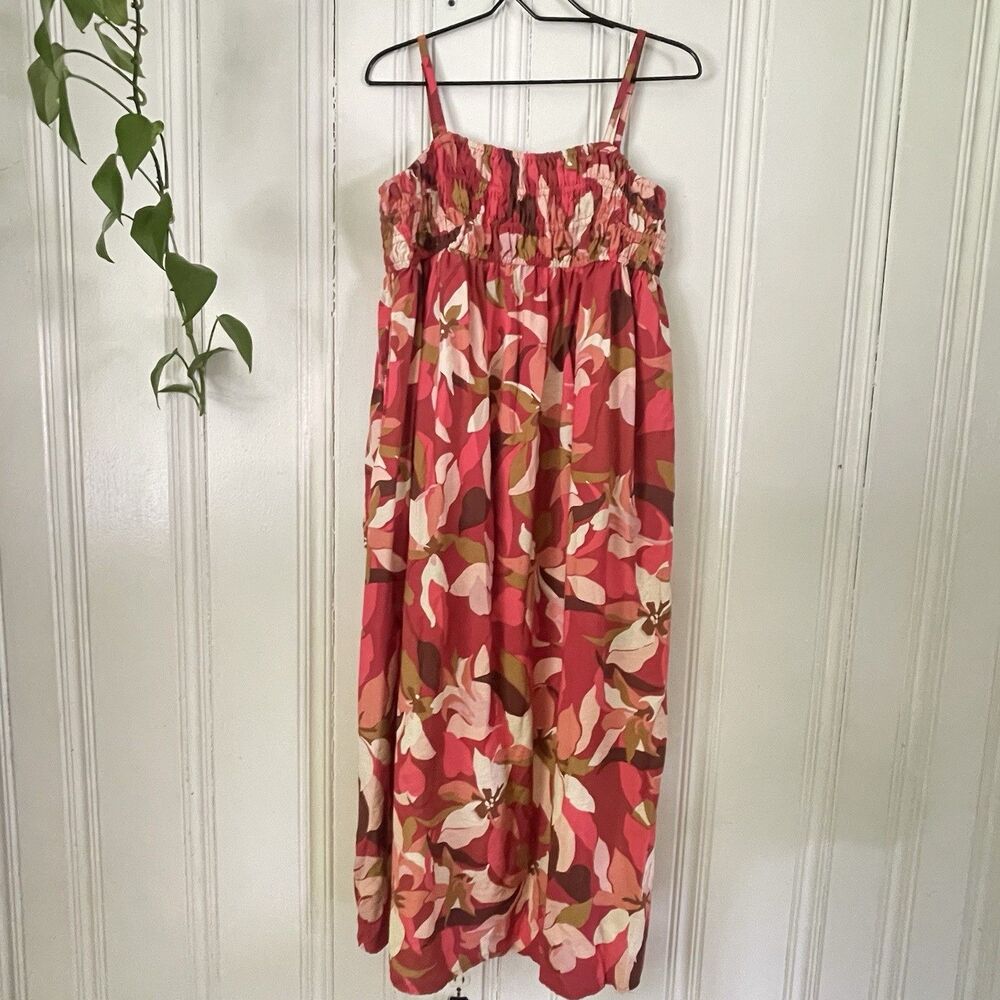 A New Day Women Boho Smocked Red Pink Floral Pattern Maxi Dress Size M
